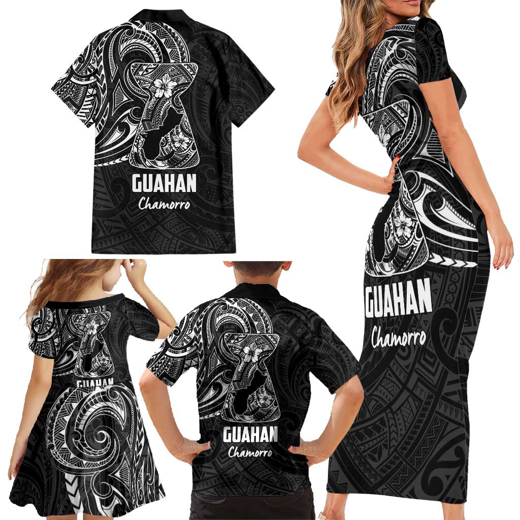Black Guam Latte Stone Tribal Tattoo Family Matching Short Sleeve Bodycon Dress and Hawaiian Shirt Hafa Adai Six 7 One