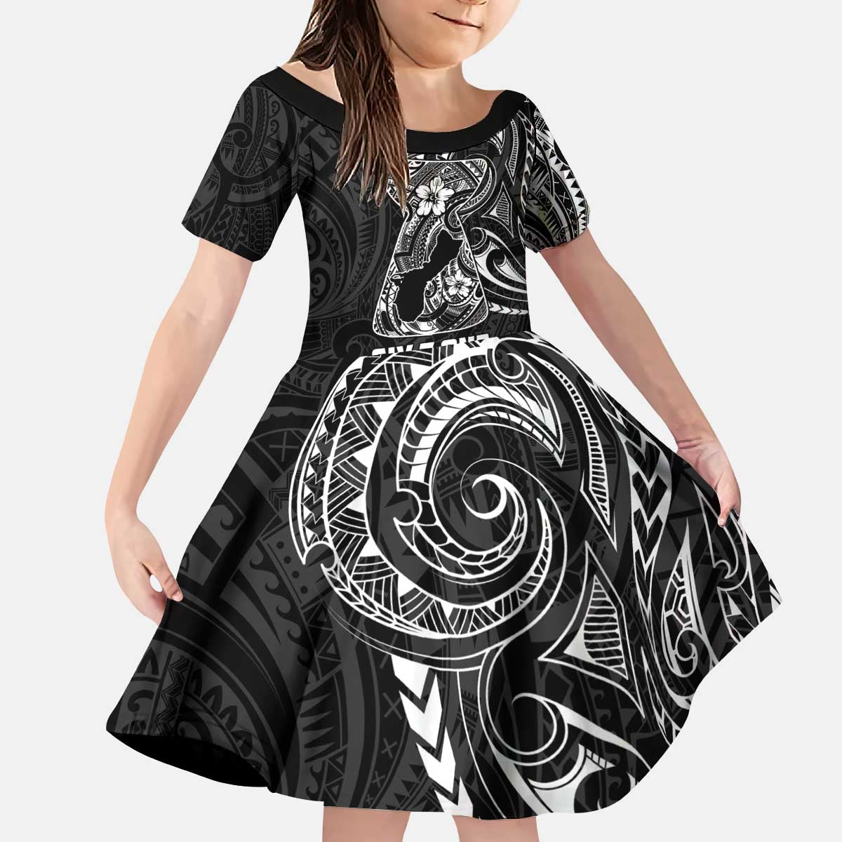 Black Guam Latte Stone Tribal Tattoo Kid Short Sleeve Dress Hafa Adai Six 7 One