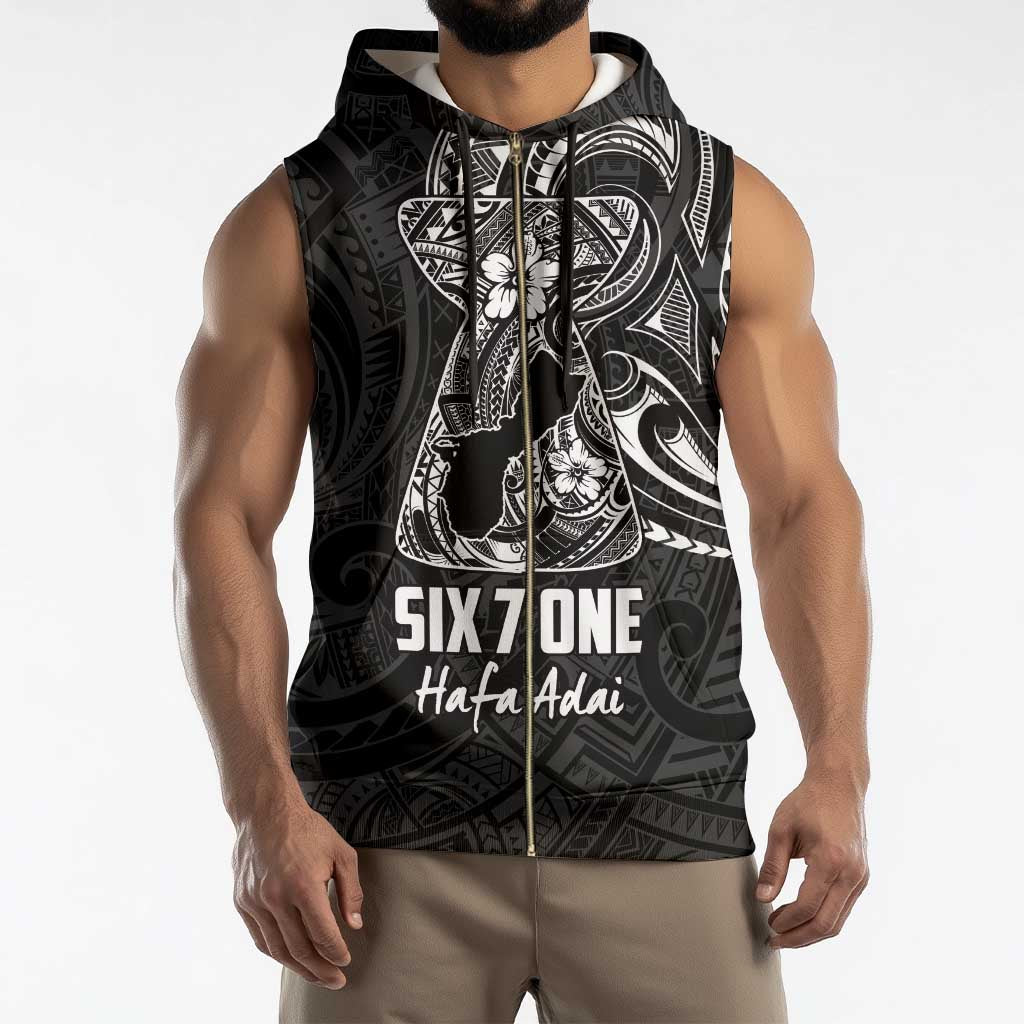 Black Guam Latte Stone Tribal Tattoo Sleeveless Zip Hoodie Hafa Adai Six 7 One - Polynesian Pride