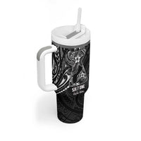 Black Guam Latte Stone Tribal Tattoo Tumbler With Handle Hafa Adai Six 7 One LT9 - Polynesian Pride