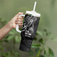 Black Guam Latte Stone Tribal Tattoo Tumbler With Handle Hafa Adai Six 7 One LT9 - Polynesian Pride
