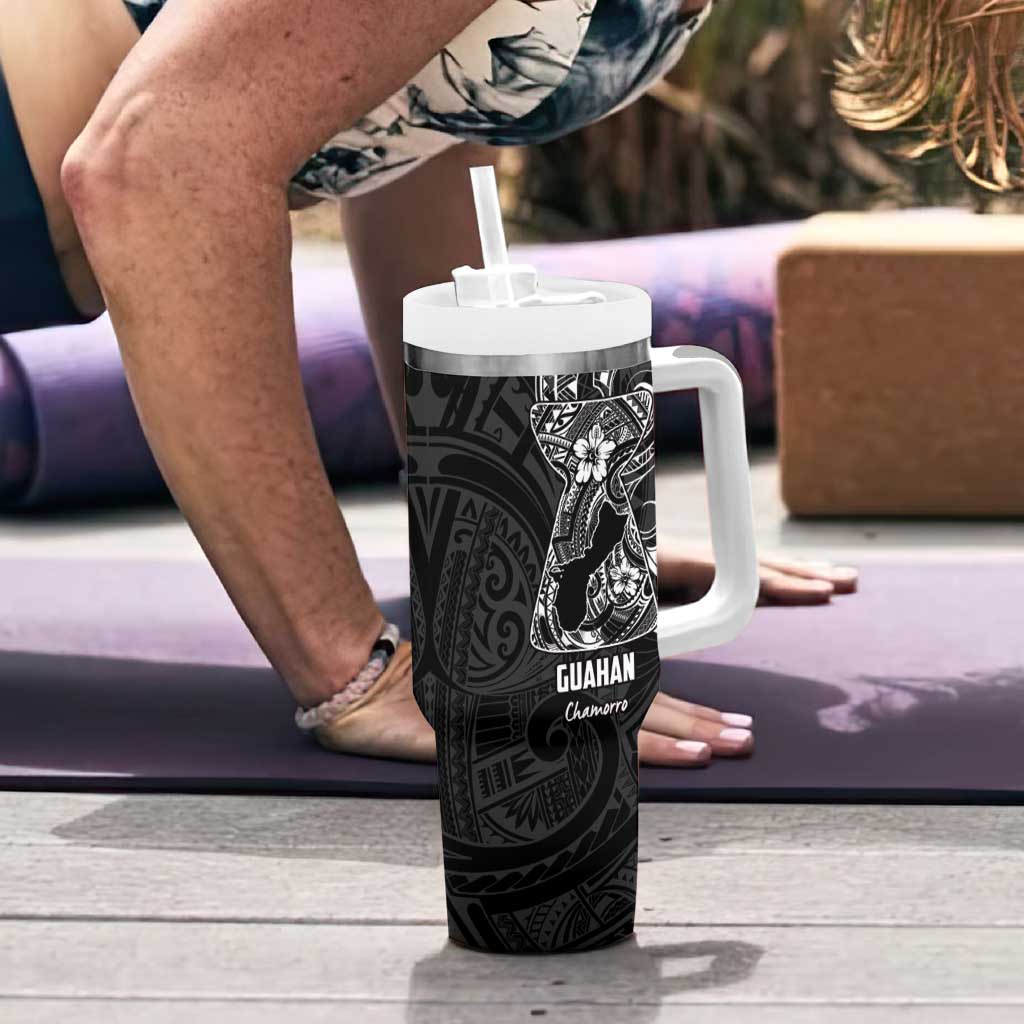 Black Guam Latte Stone Tribal Tattoo Tumbler With Handle Hafa Adai Six 7 One LT9 - Polynesian Pride