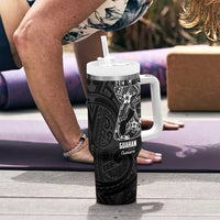 Black Guam Latte Stone Tribal Tattoo Tumbler With Handle Hafa Adai Six 7 One LT9 - Polynesian Pride