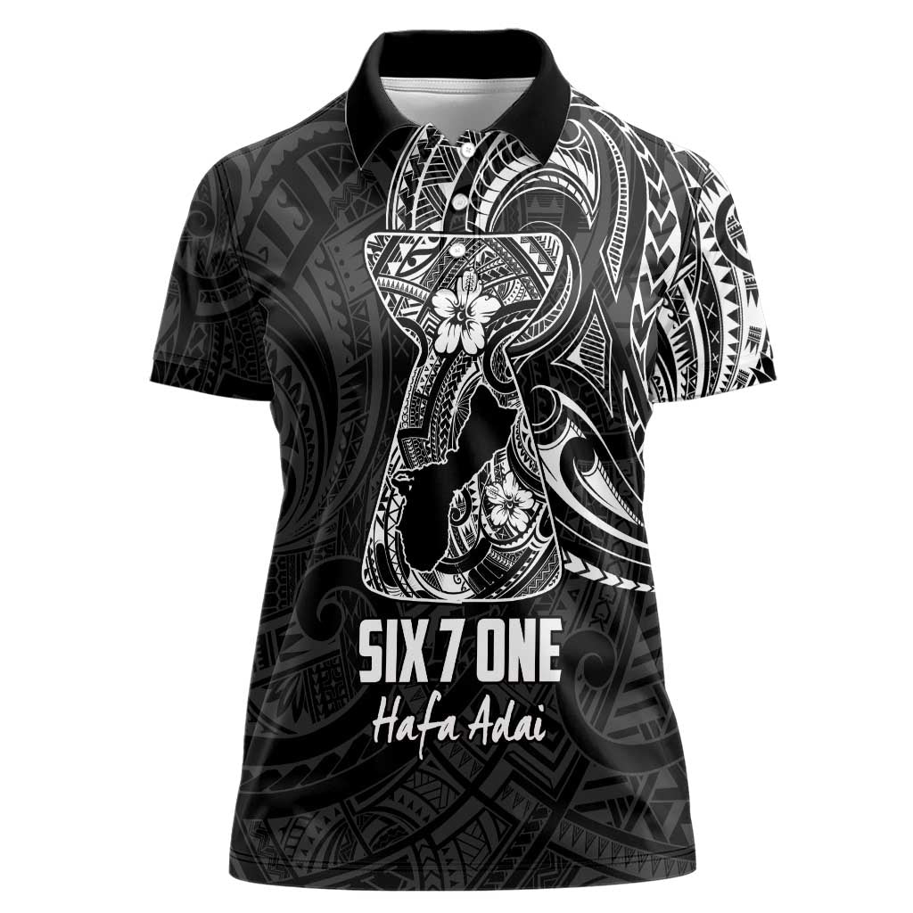 Black Guam Latte Stone Tribal Tattoo Women Polo Shirt Hafa Adai Six 7 One