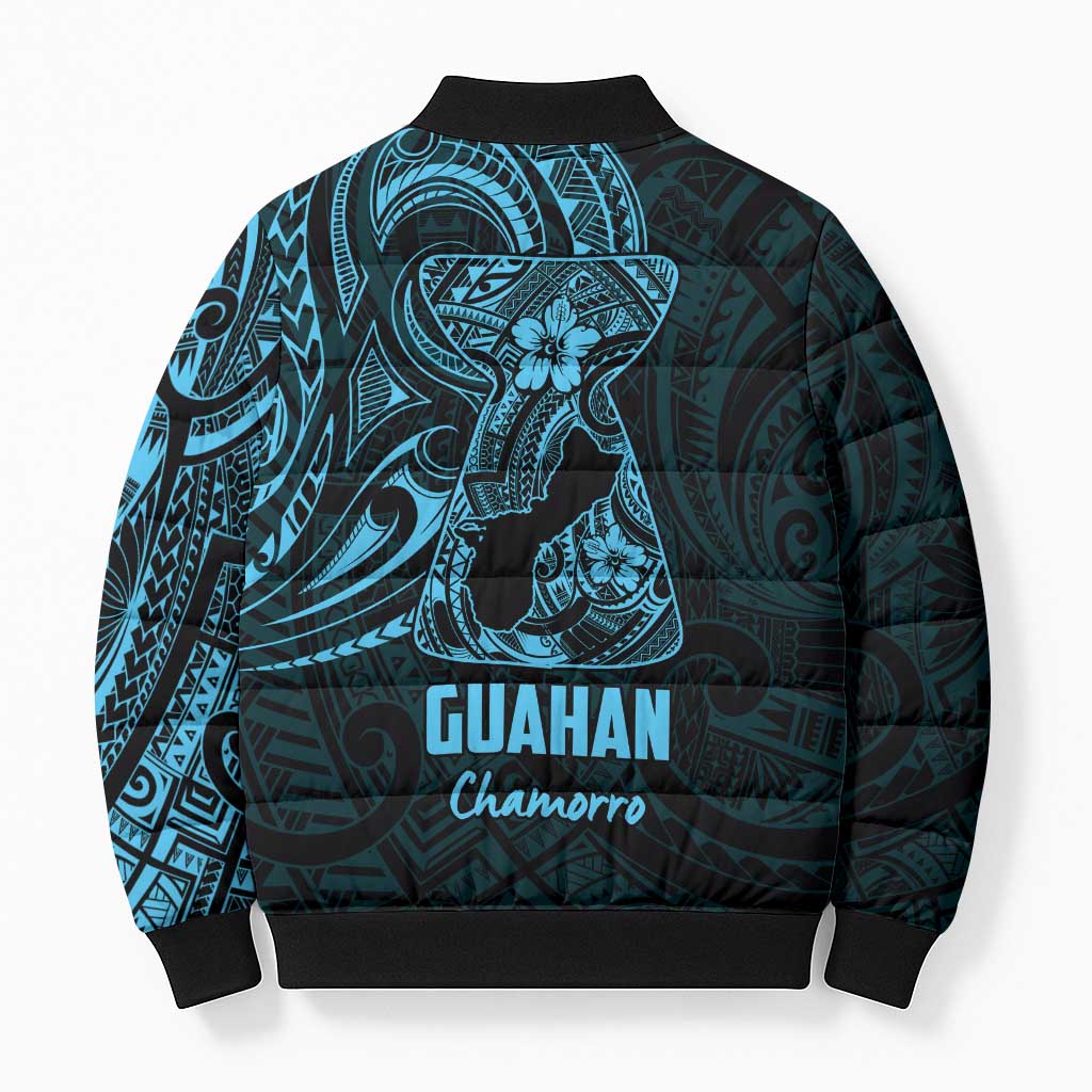 Blue Guam Latte Stone Tribal Tattoo Bomber Puffer Jacket Hafa Adai Six 7 One - Polynesian Pride