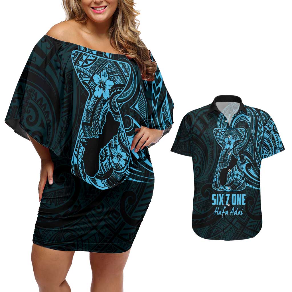Blue Guam Latte Stone Tribal Tattoo Couples Matching Off Shoulder Short Dress and Hawaiian Shirt Hafa Adai Six 7 One