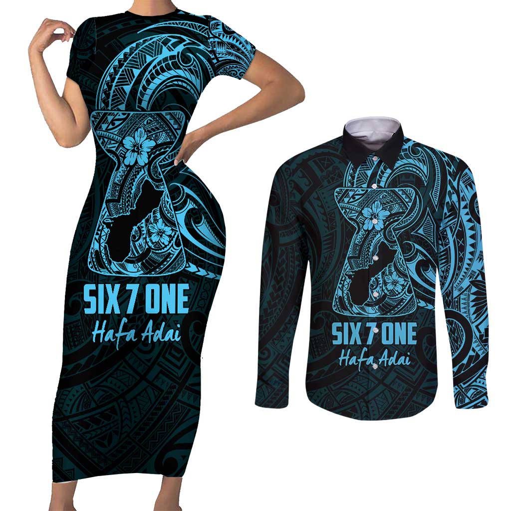 Blue Guam Latte Stone Tribal Tattoo Couples Matching Short Sleeve Bodycon Dress and Long Sleeve Button Shirt Hafa Adai Six 7 One