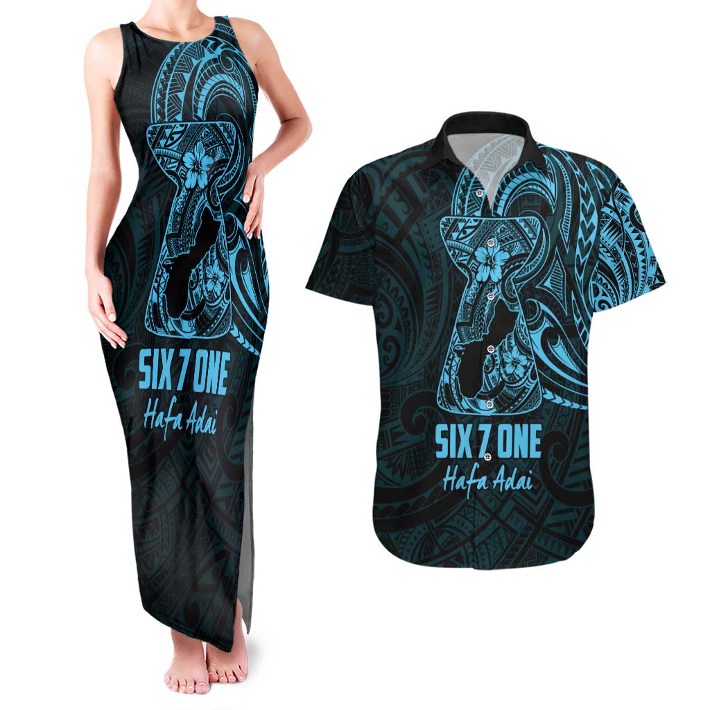 Blue Guam Latte Stone Tribal Tattoo Couples Matching Tank Maxi Dress and Hawaiian Shirt Hafa Adai Six 7 One