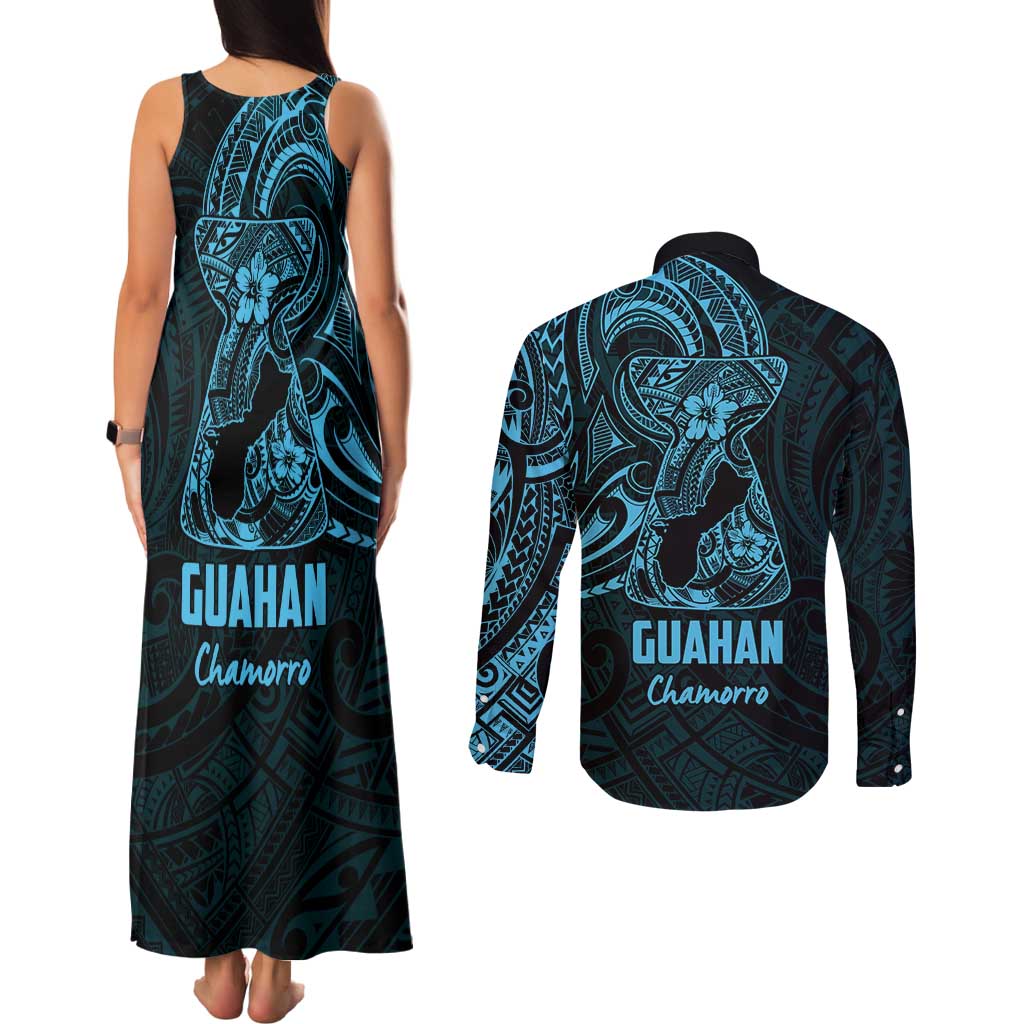 Blue Guam Latte Stone Tribal Tattoo Couples Matching Tank Maxi Dress and Long Sleeve Button Shirt Hafa Adai Six 7 One