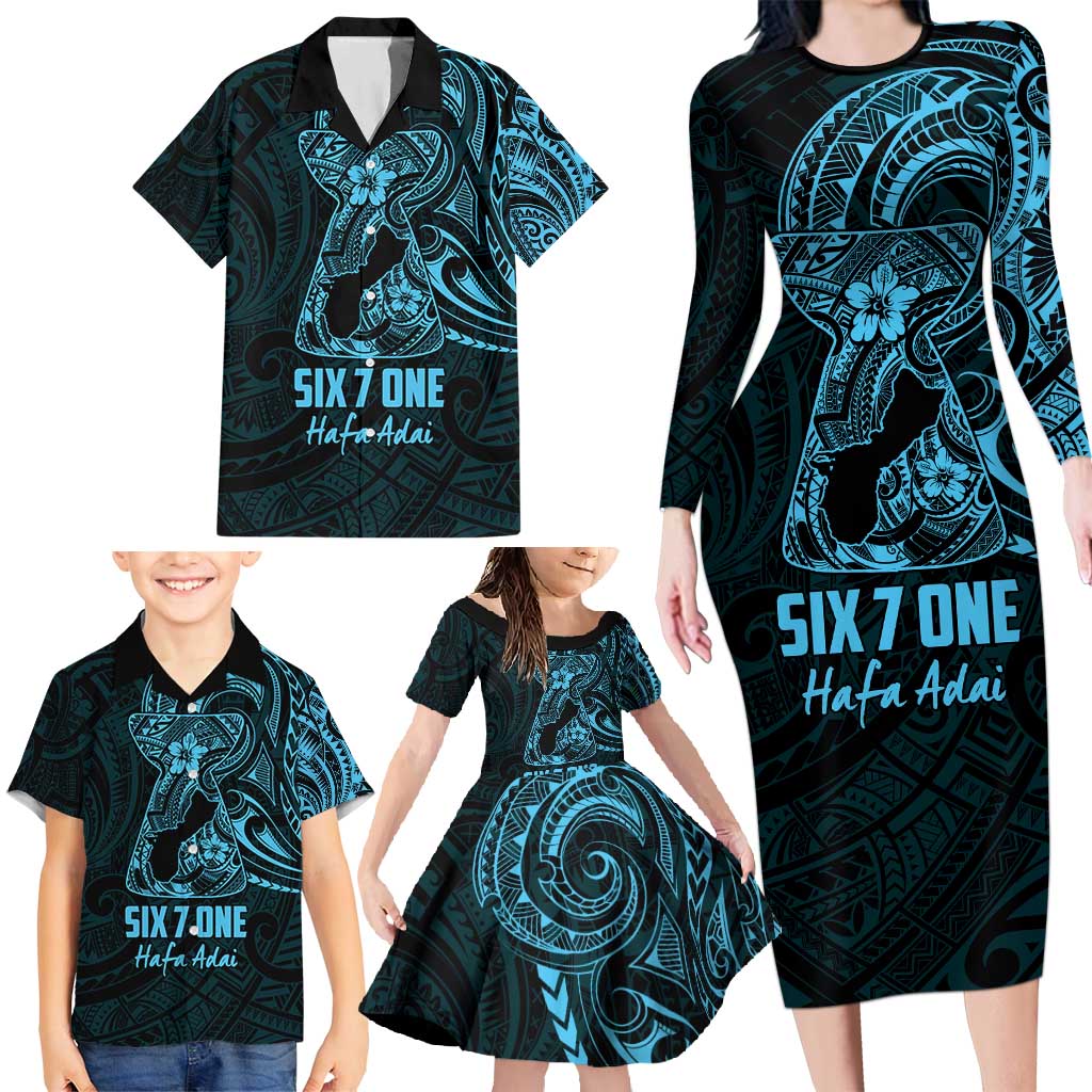 Blue Guam Latte Stone Tribal Tattoo Family Matching Long Sleeve Bodycon Dress and Hawaiian Shirt Hafa Adai Six 7 One