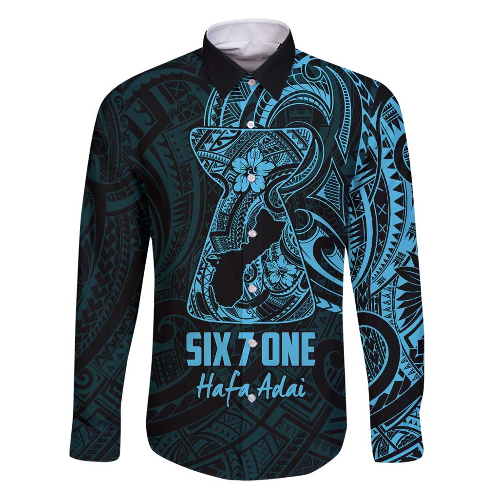 Blue Guam Latte Stone Tribal Tattoo Family Matching Long Sleeve Bodycon Dress and Hawaiian Shirt Hafa Adai Six 7 One