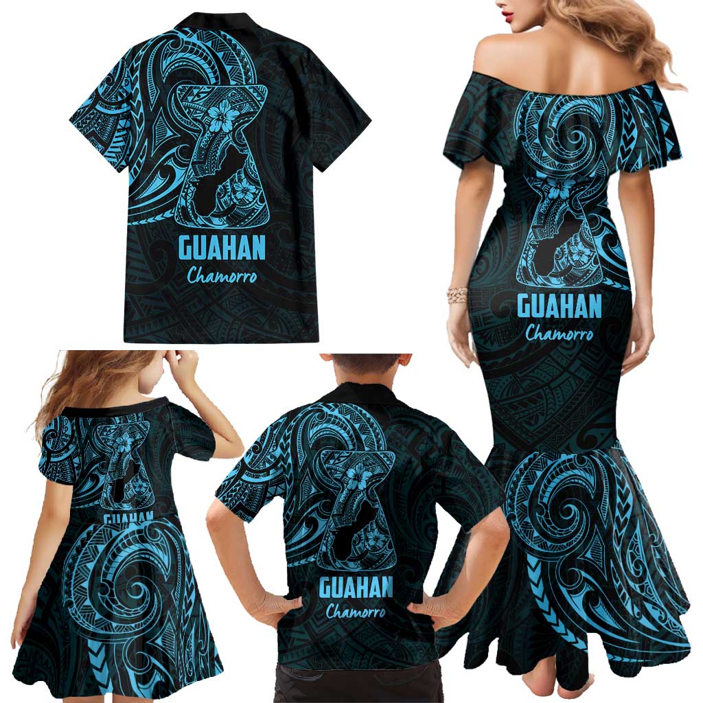 Blue Guam Latte Stone Tribal Tattoo Family Matching Mermaid Dress and Hawaiian Shirt Hafa Adai Six 7 One