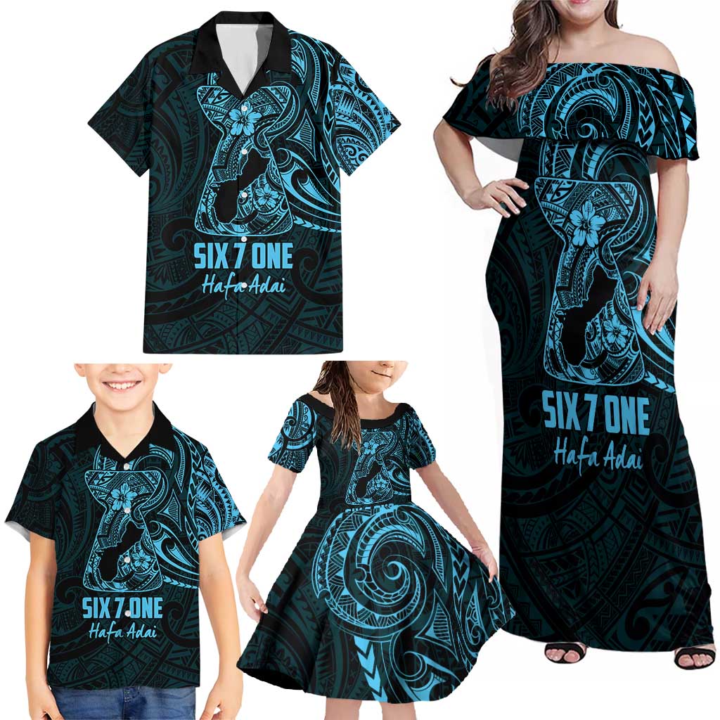 Blue Guam Latte Stone Tribal Tattoo Family Matching Off Shoulder Maxi Dress and Hawaiian Shirt Hafa Adai Six 7 One