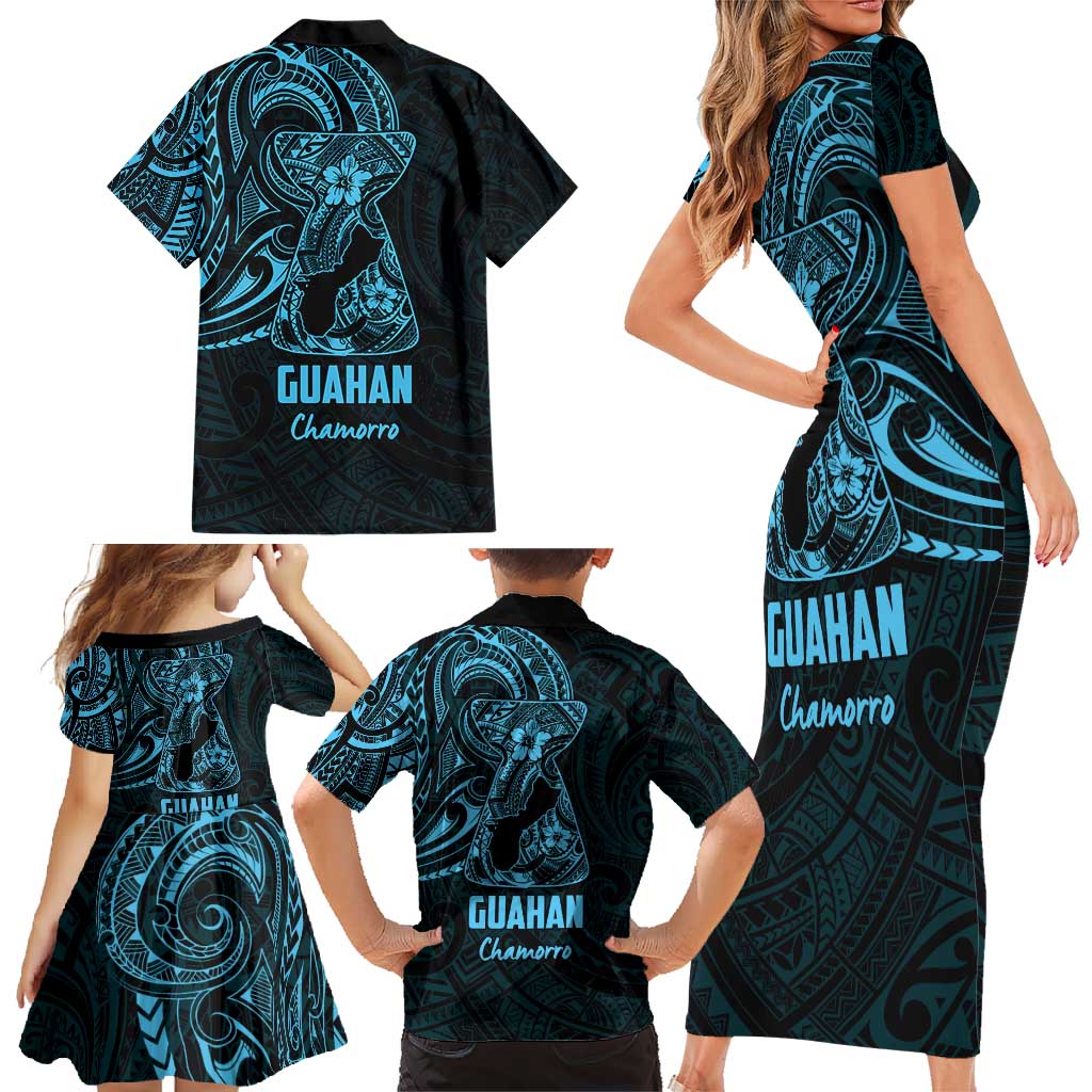 Blue Guam Latte Stone Tribal Tattoo Family Matching Short Sleeve Bodycon Dress and Hawaiian Shirt Hafa Adai Six 7 One