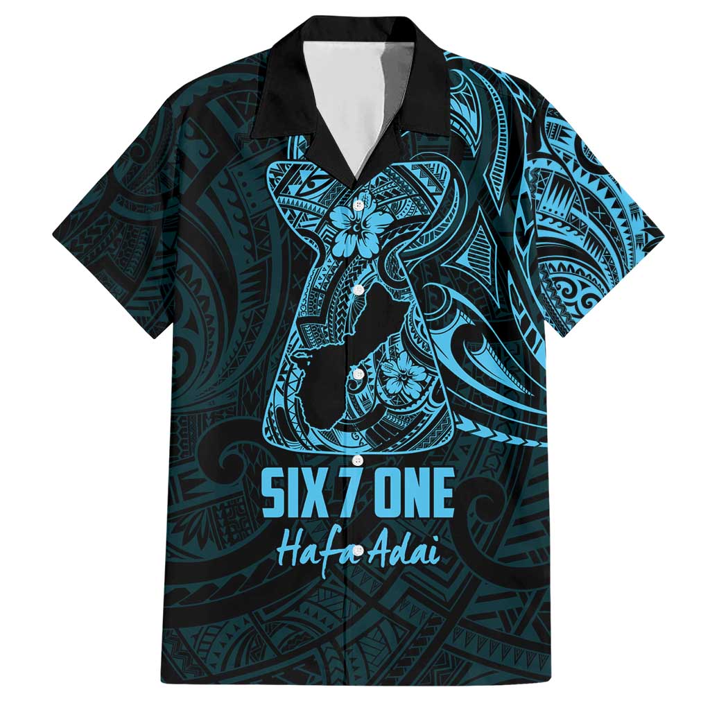 Blue Guam Latte Stone Tribal Tattoo Family Matching Short Sleeve Bodycon Dress and Hawaiian Shirt Hafa Adai Six 7 One