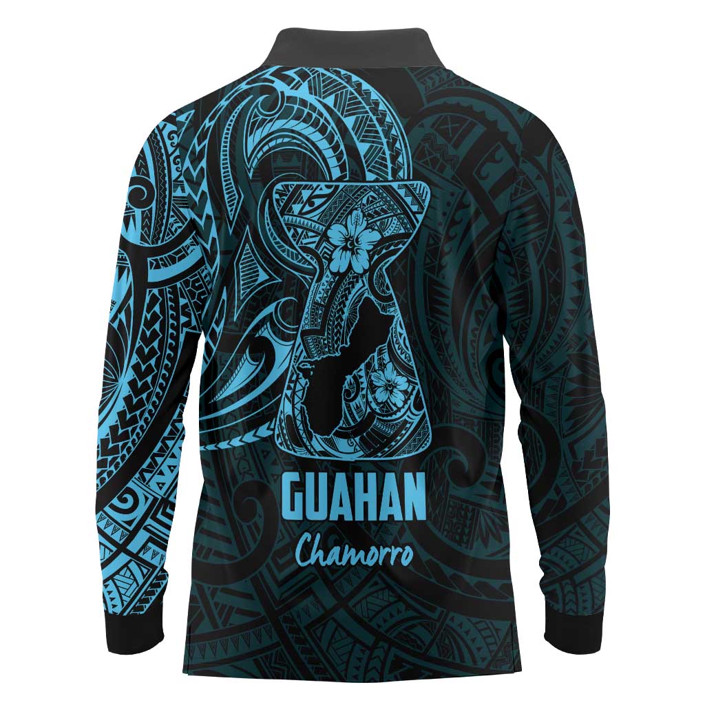 Blue Guam Latte Stone Tribal Tattoo Long Sleeve Polo Shirt Hafa Adai Six 7 One