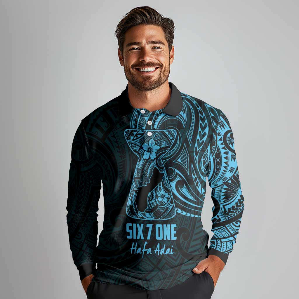 Blue Guam Latte Stone Tribal Tattoo Long Sleeve Polo Shirt Hafa Adai Six 7 One