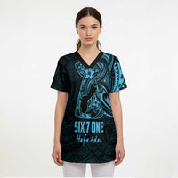 Blue Guam Latte Stone Tribal Tattoo Scrub Top Hafa Adai Six 7 One - Polynesian Pride