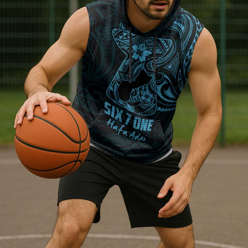 Blue Guam Latte Stone Tribal Tattoo Sleeveless Hoodie Hafa Adai Six 7 One - Polynesian Pride