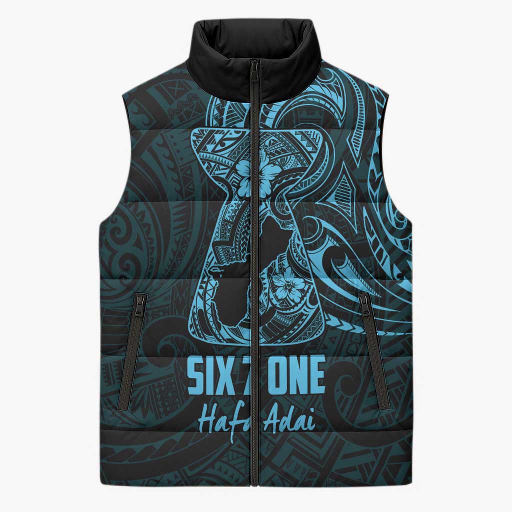 Blue Guam Latte Stone Tribal Tattoo Sleeveless Puffer Jacket Hafa Adai Six 7 One - Polynesian Pride