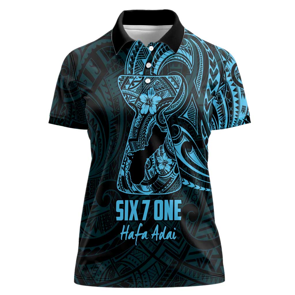 Blue Guam Latte Stone Tribal Tattoo Women Polo Shirt Hafa Adai Six 7 One