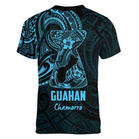 Blue Guam Latte Stone Tribal Tattoo Women V-Neck T-Shirt Hafa Adai Six 7 One