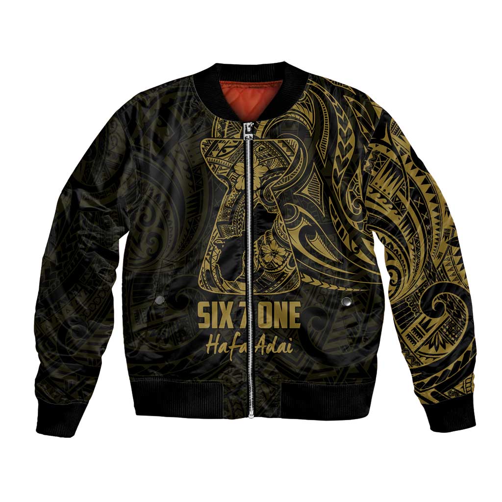 Gold Guam Latte Stone Tribal Tattoo Bomber Jacket Hafa Adai Six 7 One
