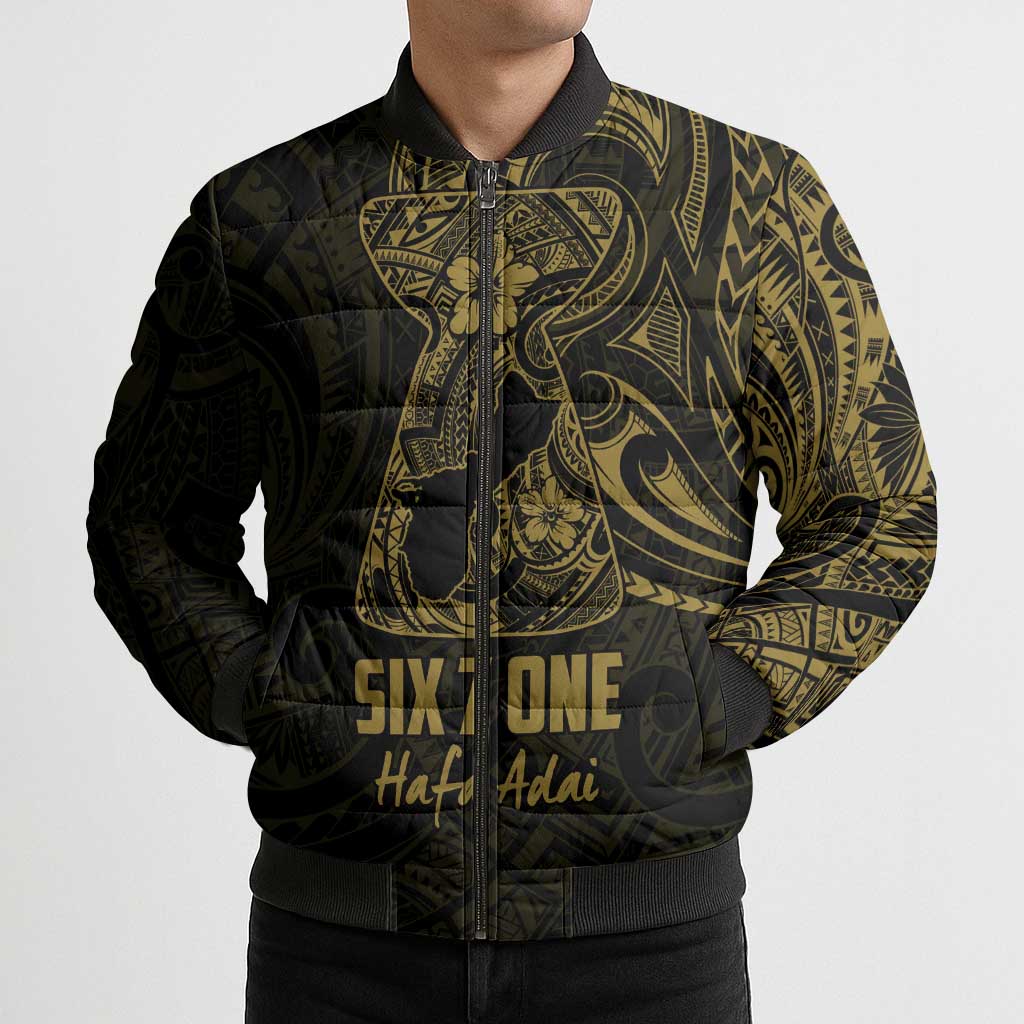 Gold Guam Latte Stone Tribal Tattoo Bomber Puffer Jacket Hafa Adai Six 7 One - Polynesian Pride