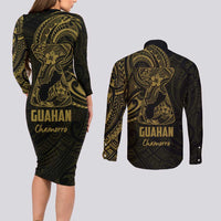 Gold Guam Latte Stone Tribal Tattoo Couples Matching Long Sleeve Bodycon Dress and Long Sleeve Button Shirt Hafa Adai Six 7 One