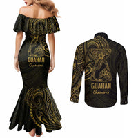 Gold Guam Latte Stone Tribal Tattoo Couples Matching Mermaid Dress and Long Sleeve Button Shirt Hafa Adai Six 7 One
