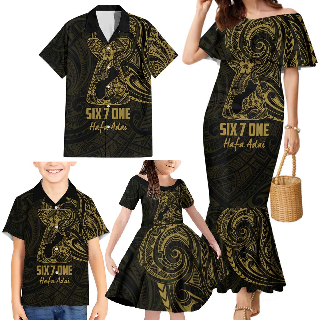 Gold Guam Latte Stone Tribal Tattoo Family Matching Mermaid Dress and Hawaiian Shirt Hafa Adai Six 7 One