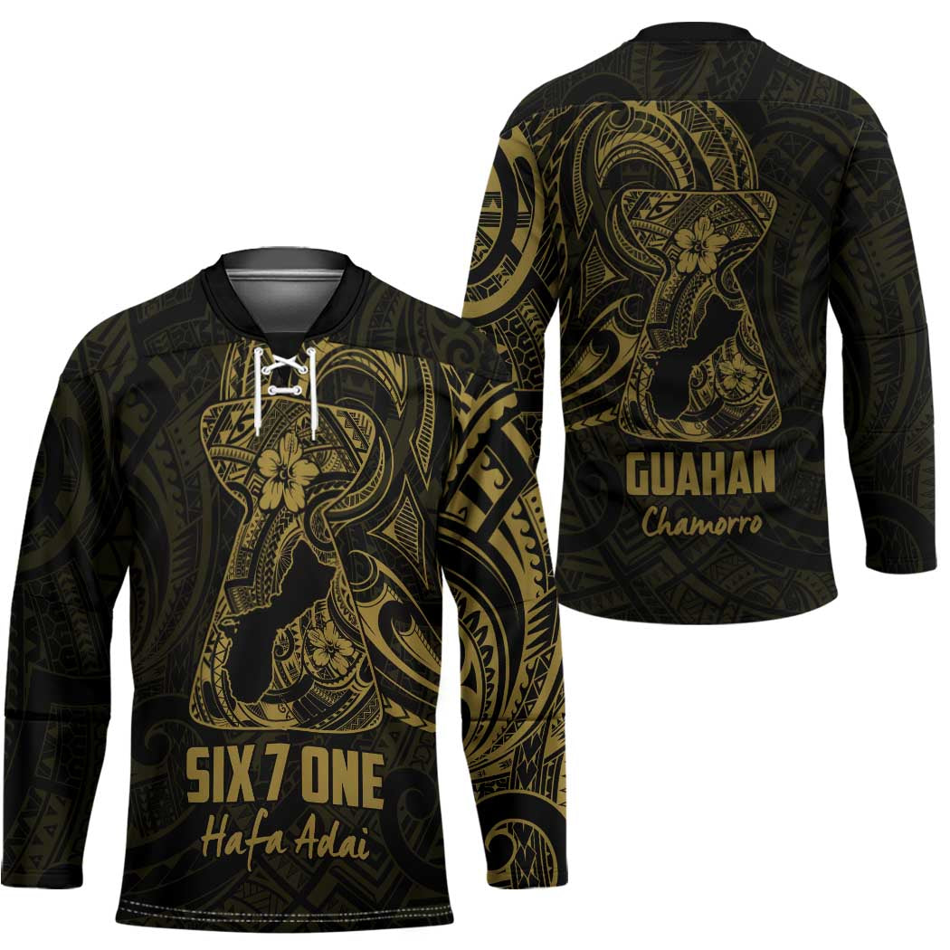 Gold Guam Latte Stone Tribal Tattoo Hockey Jersey Hafa Adai Six 7 One - Polynesian Pride