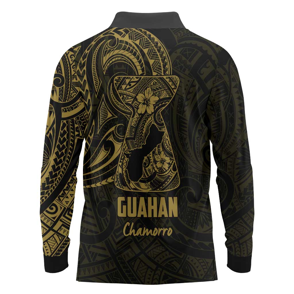 Gold Guam Latte Stone Tribal Tattoo Long Sleeve Polo Shirt Hafa Adai Six 7 One