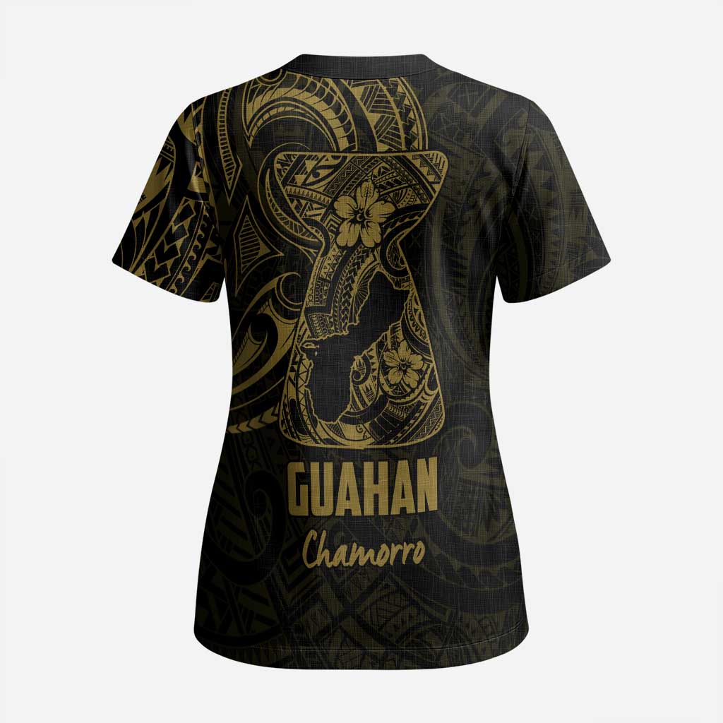 Gold Guam Latte Stone Tribal Tattoo Scrub Top Hafa Adai Six 7 One - Polynesian Pride