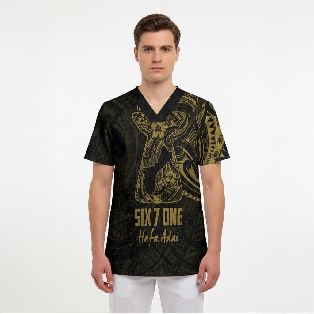 Gold Guam Latte Stone Tribal Tattoo Scrub Top Hafa Adai Six 7 One - Polynesian Pride