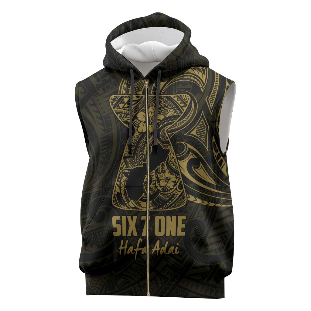 Gold Guam Latte Stone Tribal Tattoo Sleeveless Zip Hoodie Hafa Adai Six 7 One - Polynesian Pride
