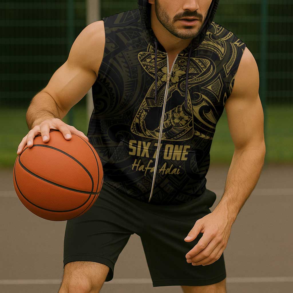 Gold Guam Latte Stone Tribal Tattoo Sleeveless Zip Hoodie Hafa Adai Six 7 One - Polynesian Pride