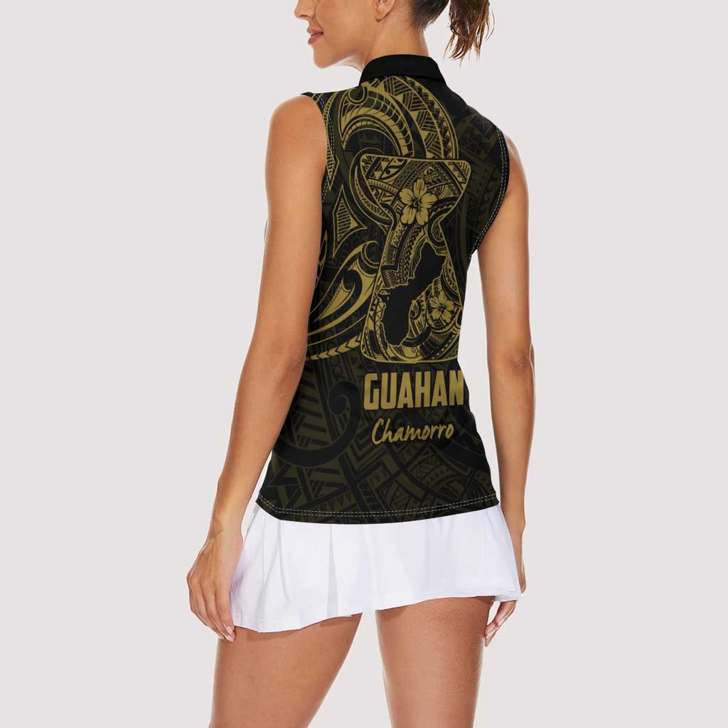 Gold Guam Latte Stone Tribal Tattoo Women Sleeveless Polo Shirt Hafa Adai Six 7 One