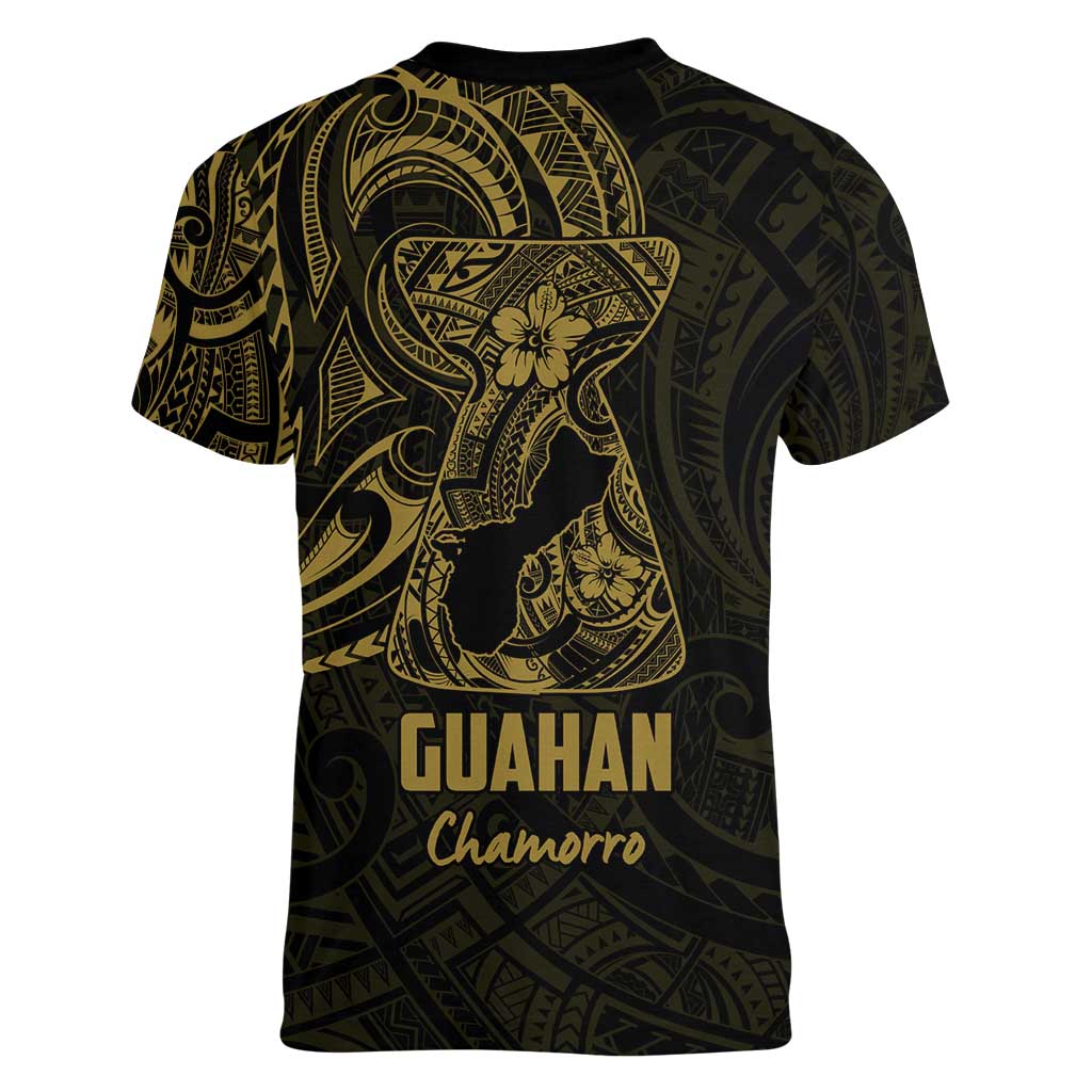 Gold Guam Latte Stone Tribal Tattoo Women V-Neck T-Shirt Hafa Adai Six 7 One