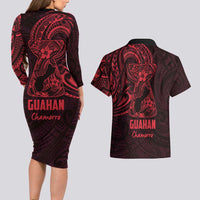 Oxblood Guam Latte Stone Tribal Tattoo Couples Matching Long Sleeve Bodycon Dress and Hawaiian Shirt Hafa Adai Six 7 One
