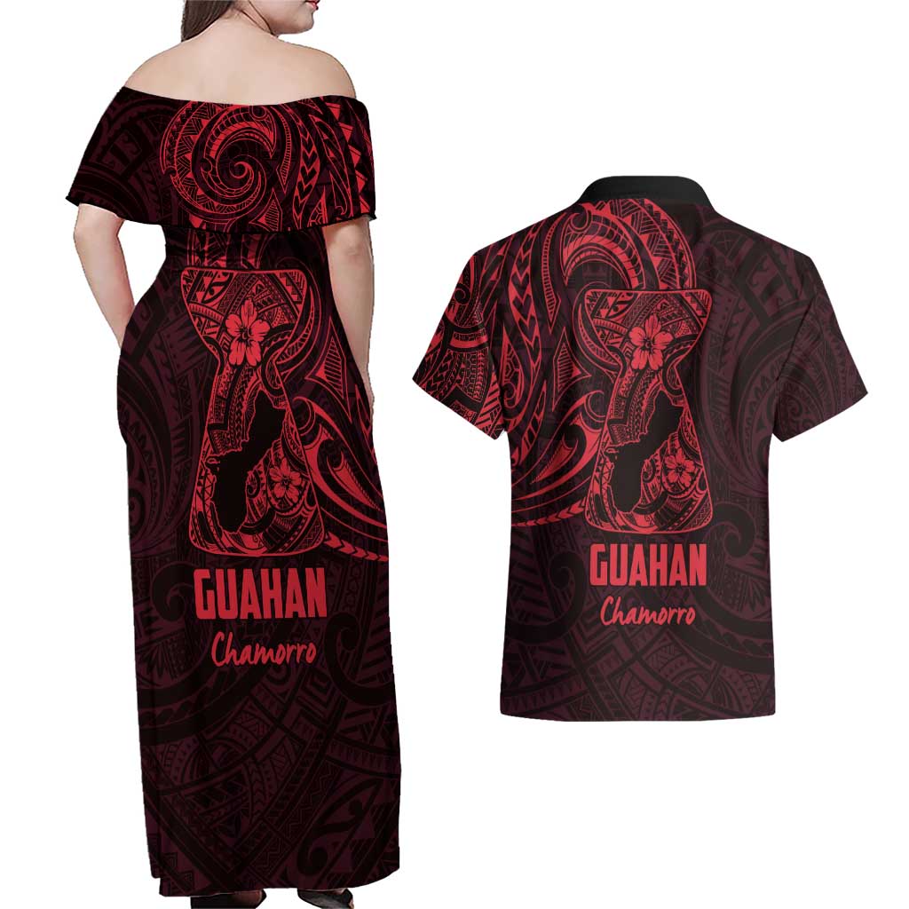 Oxblood Guam Latte Stone Tribal Tattoo Couples Matching Off Shoulder Maxi Dress and Hawaiian Shirt Hafa Adai Six 7 One