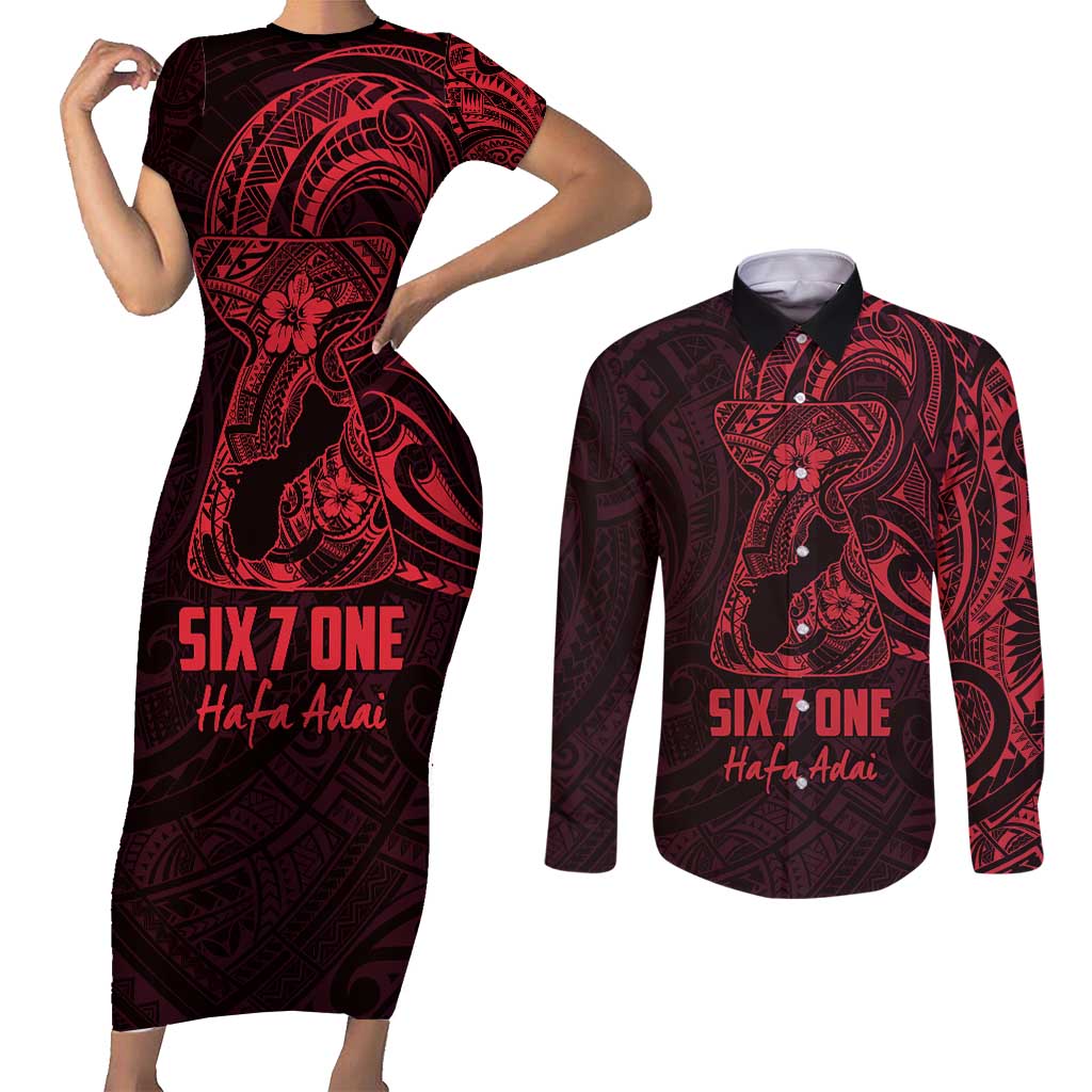 Oxblood Guam Latte Stone Tribal Tattoo Couples Matching Short Sleeve Bodycon Dress and Long Sleeve Button Shirt Hafa Adai Six 7 One