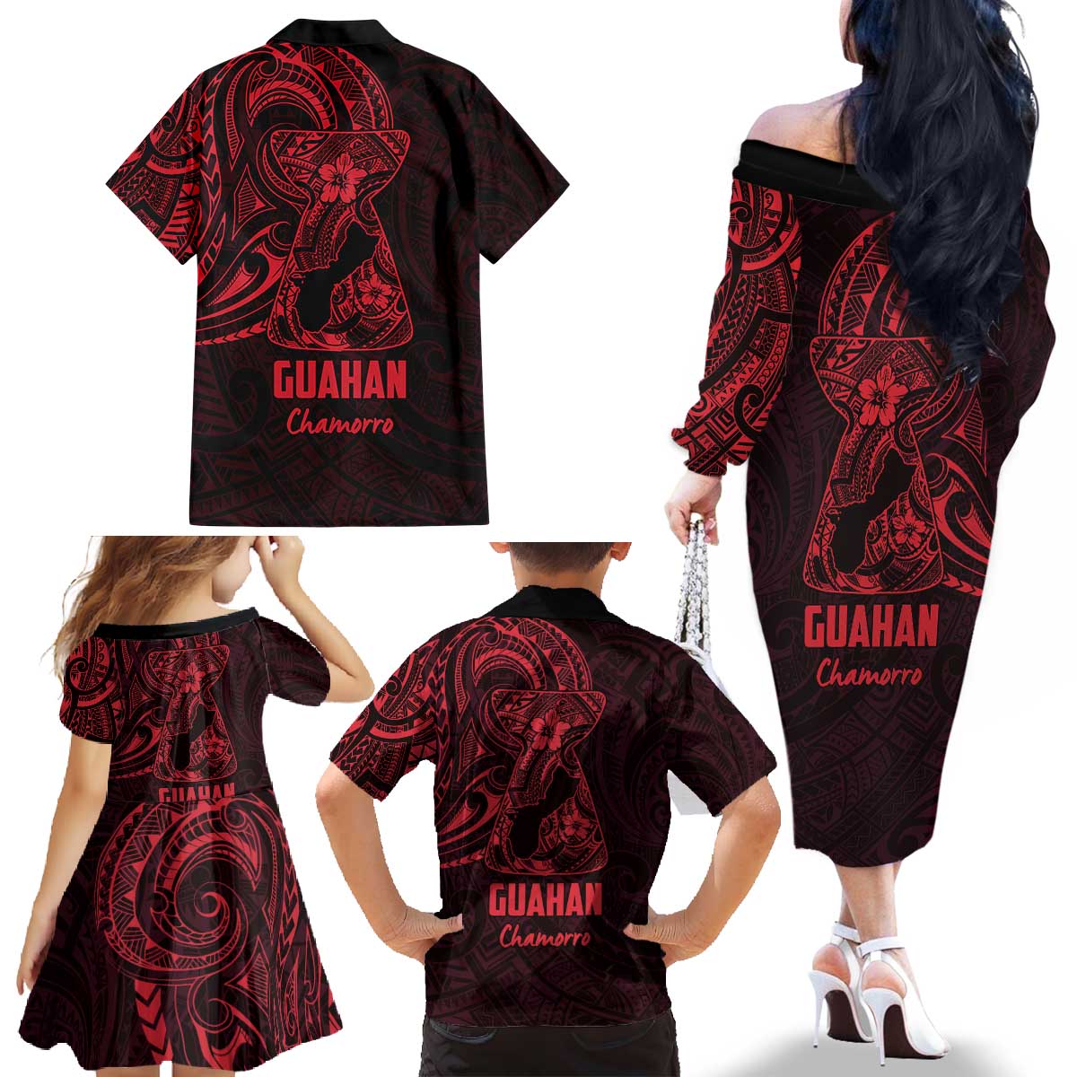 Oxblood Guam Latte Stone Tribal Tattoo Family Matching Off The Shoulder Long Sleeve Dress and Hawaiian Shirt Hafa Adai Six 7 One