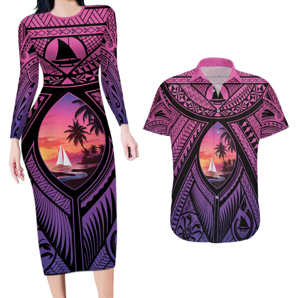Guam Chamorro Artsy Couples Matching Long Sleeve Bodycon Dress and Hawaiian Shirt Guahan Sunset Beach