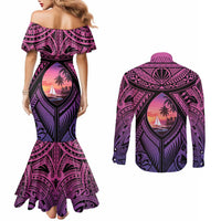 Guam Chamorro Artsy Couples Matching Mermaid Dress and Long Sleeve Button Shirt Guahan Sunset Beach
