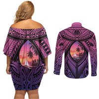 Guam Chamorro Artsy Couples Matching Off Shoulder Short Dress and Long Sleeve Button Shirt Guahan Sunset Beach