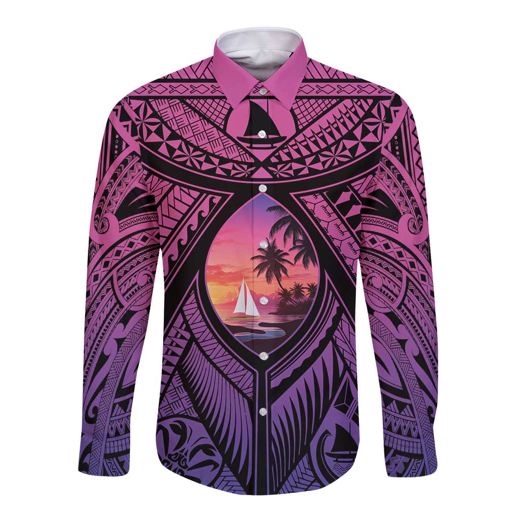 Guam Chamorro Artsy Long Sleeve Button Shirt Guahan Sunset Beach