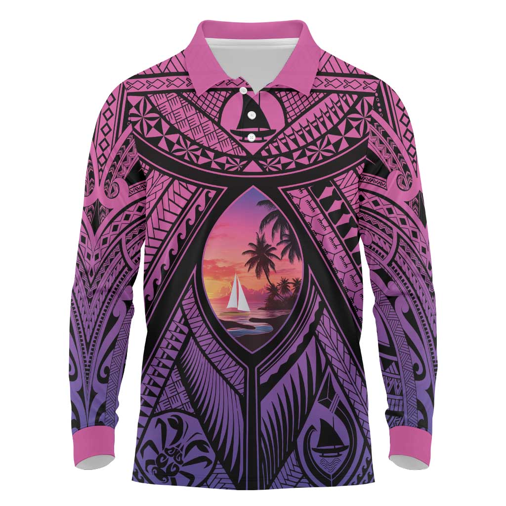 Guam Chamorro Artsy Long Sleeve Polo Shirt Guahan Sunset Beach