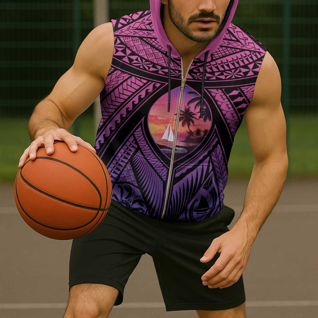 Guam Chamorro Artsy Sleeveless Zip Hoodie Guahan Sunset Beach - Polynesian Pride