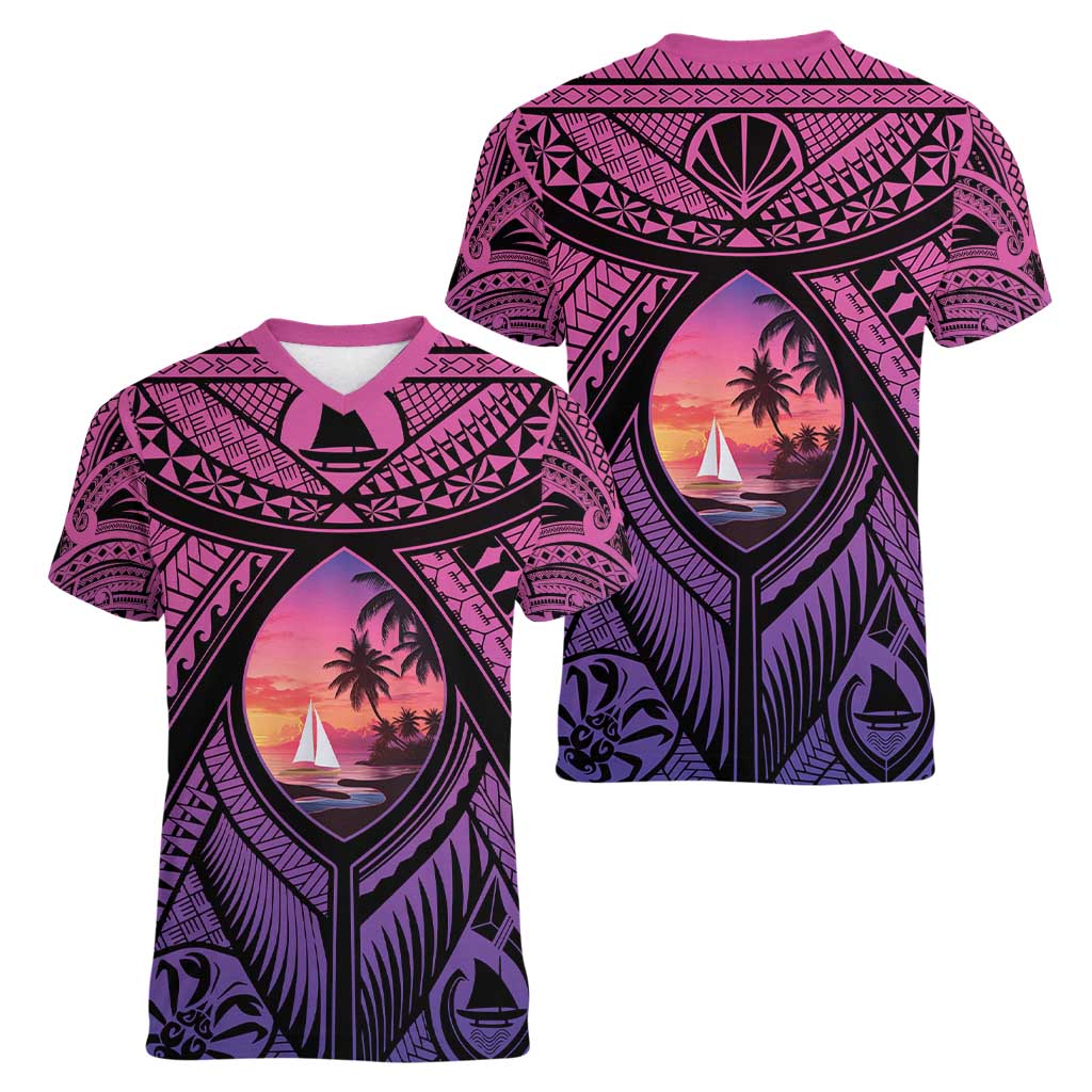 Guam Chamorro Artsy Women V-Neck T-Shirt Guahan Sunset Beach